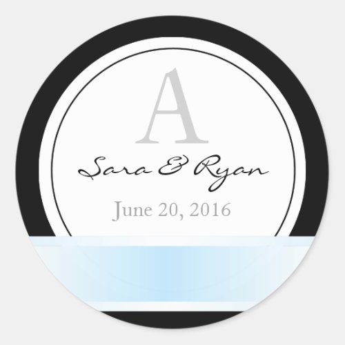 Black with blue ribbon  monogram wedding sticker