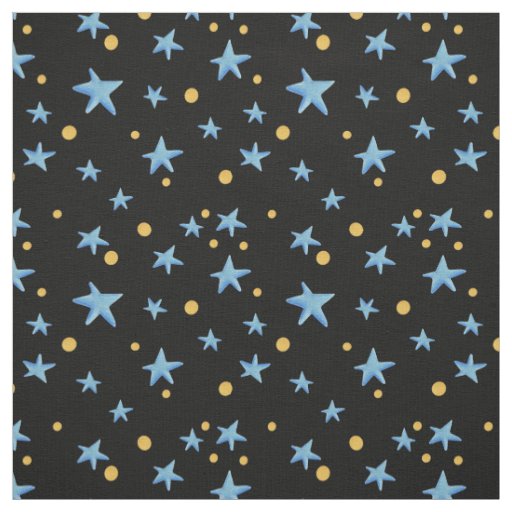 Black with blue stars and yellow dots whimsical fabric