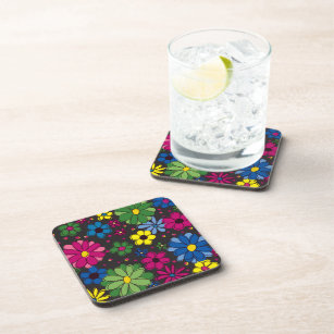 Black with Blue Yellow Purple Green Flowers Drink Coaster