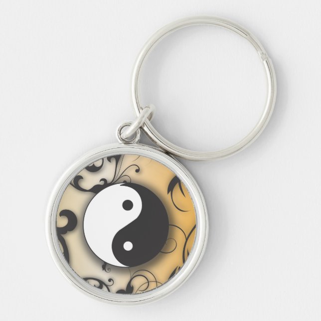 Black with Bronze Yin & Yang with scrolls Keychain (Front)