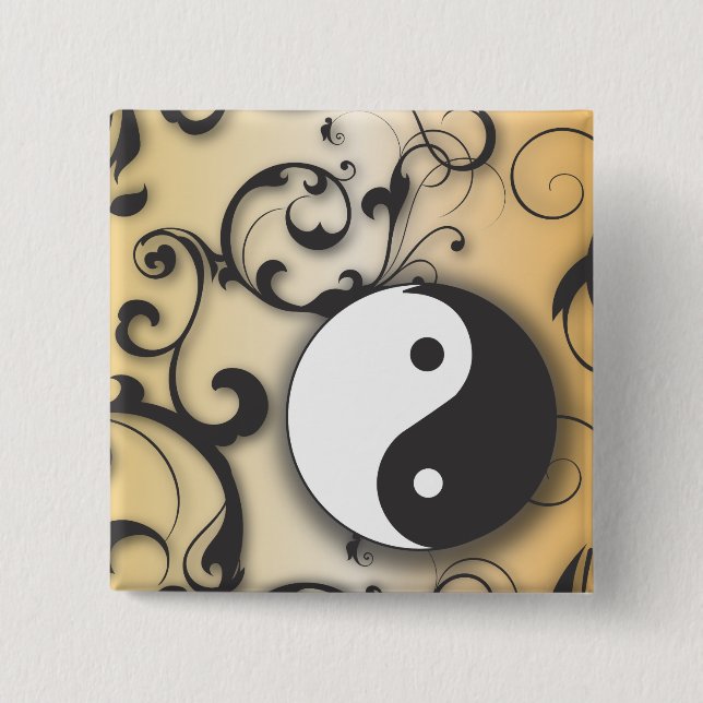 Black with Bronze Yin & Yang with scrolls Pinback Button (Front)