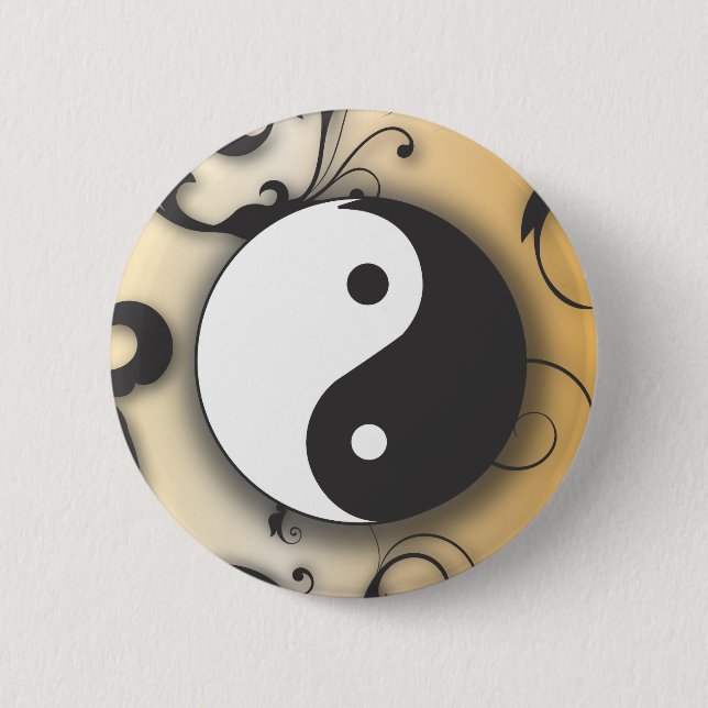 Black with Bronze Yin & Yang with scrolls Pinback Button (Front)