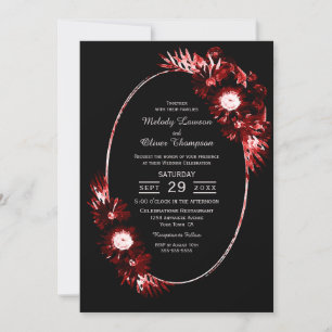 Black with Burgundy Red Floral Wedding Invitation