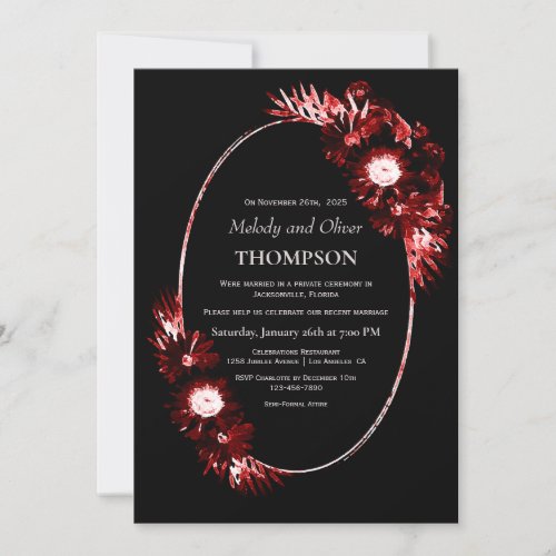 Black with Burgundy Red Floral Wedding Reception Invitation