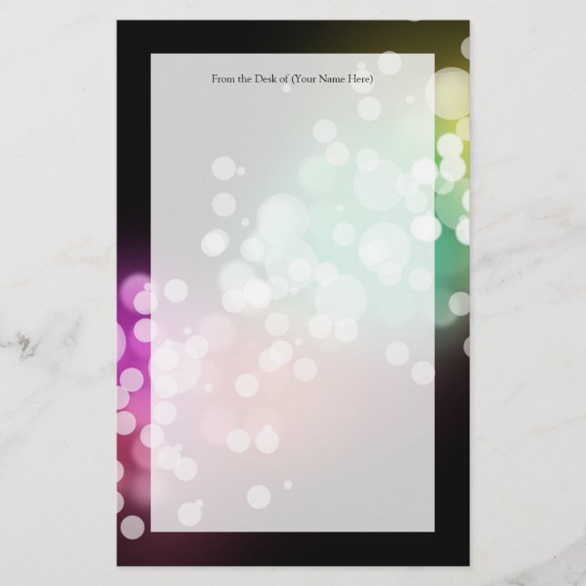 Black with Colorful Bokeh Lights Design Stationery (Front)