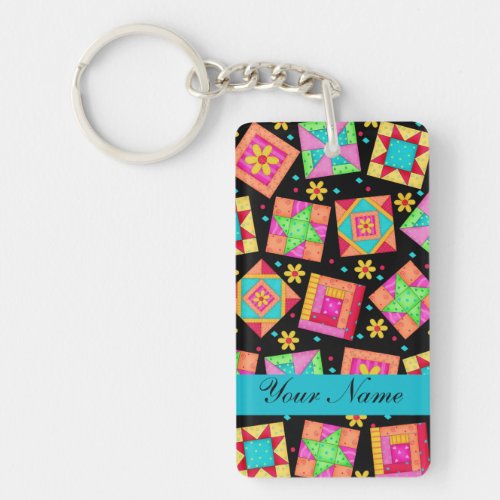 Black with Colorful Quilt Blocks  Personalized Keychain