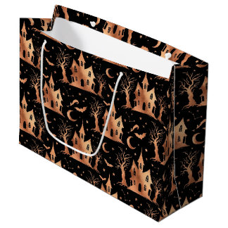 BLACK WITH COPPER HALLOWEEN HAUNTED HOUSES LARGE GIFT BAG