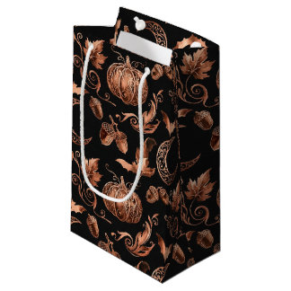 BLACK WITH COPPER HALLOWEEN PUMPKINS & ACORNS SMALL GIFT BAG