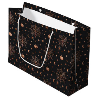 BLACK WITH COPPER HALLOWEEN SPIDER WEBS LARGE GIFT BAG