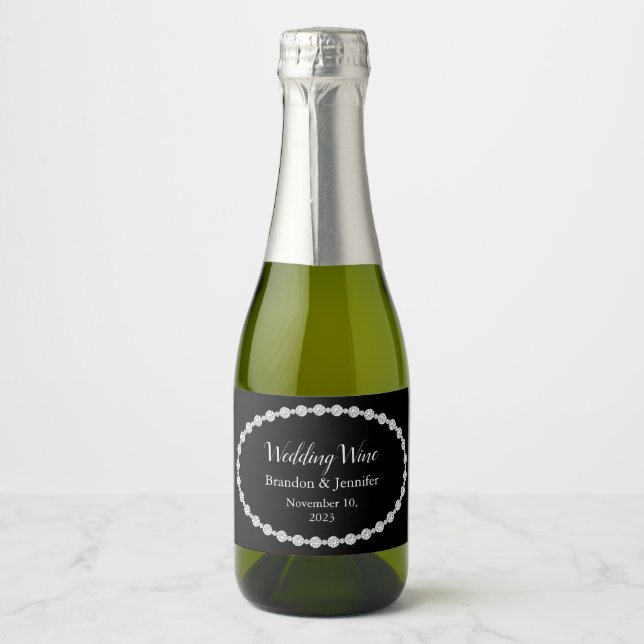 Black with Faux Diamonds Wedding Favor Sparkling Wine Label (Front)