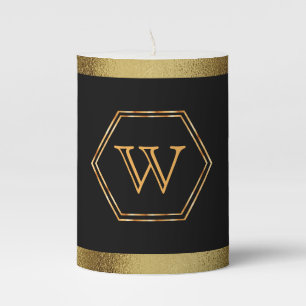 Black with faux gold hexagon frame monogrammed pillar candle