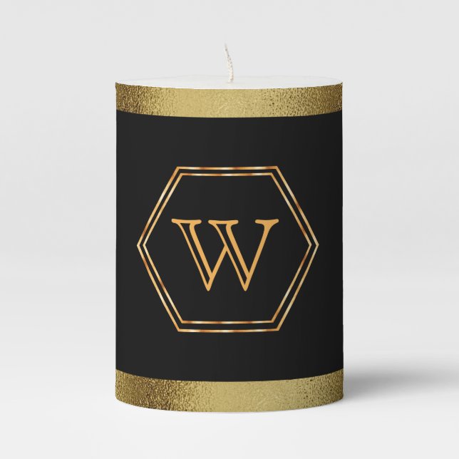 Black with faux gold hexagon frame monogrammed pillar candle (Front)