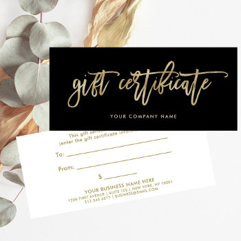 Black With Faux Gold Script | Gift Certificate by christine592 at Zazzle