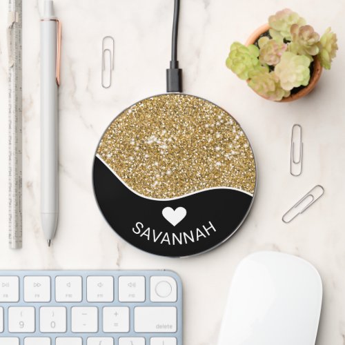 Black With Faux Golden Yellow Glitter And Name Wireless Charger