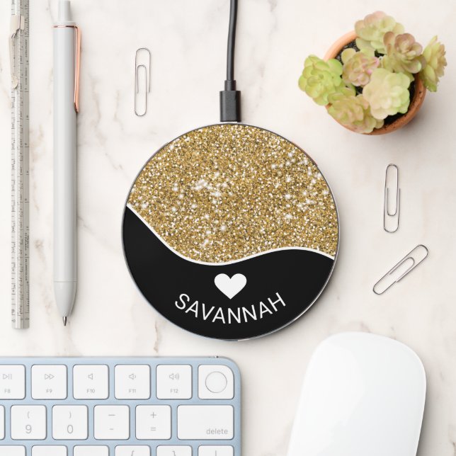 Black With Faux Golden Yellow Glitter And Name Wireless Charger (Desk)