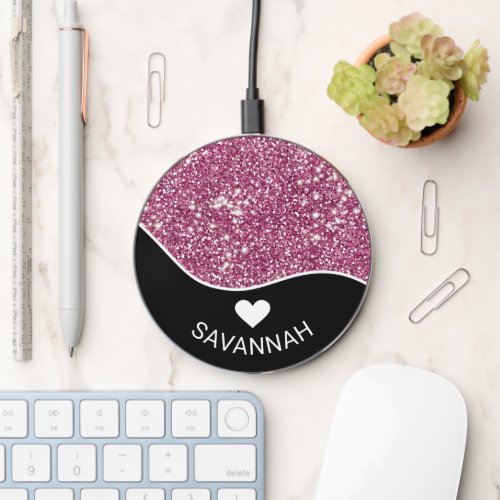 Black With Faux Hot Pink Glitter And Name Wireless Charger