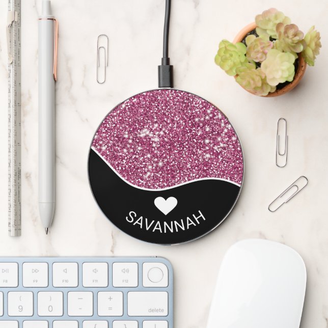 Black With Faux Hot Pink Glitter And Name Wireless Charger (Desk)