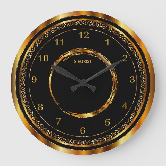 Black with Faux Metallic Gold Frame Large Clock (Front)