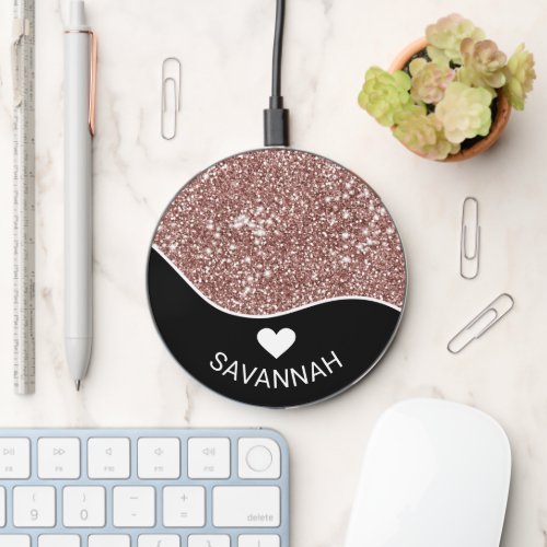 Black With Faux Rose Gold Pink Glitter And Name Wireless Charger