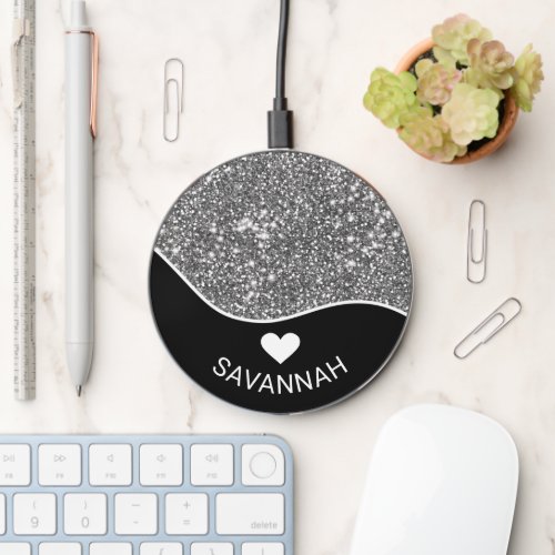 Black With Faux Silver_Gray Glitter And Name  Wireless Charger