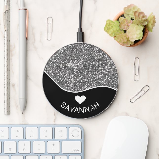 Black With Faux Silver-Gray Glitter And Name  Wireless Charger (Desk)