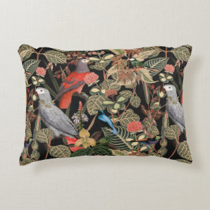 Black with Floral Bird Art Accent Pillow