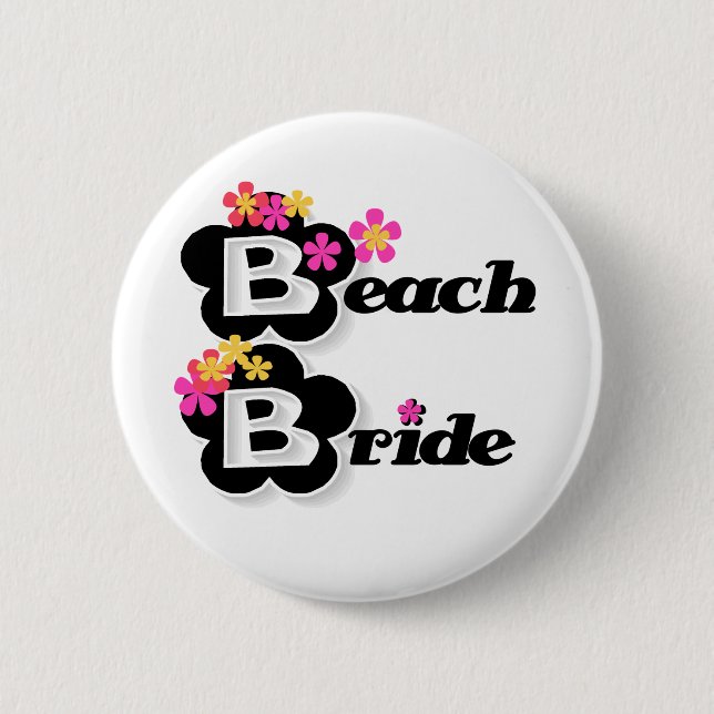 Black with Flowers Beach Bride Pinback Button (Front)