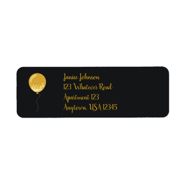 Black with Gold Balloon Return Address Labels (Front)