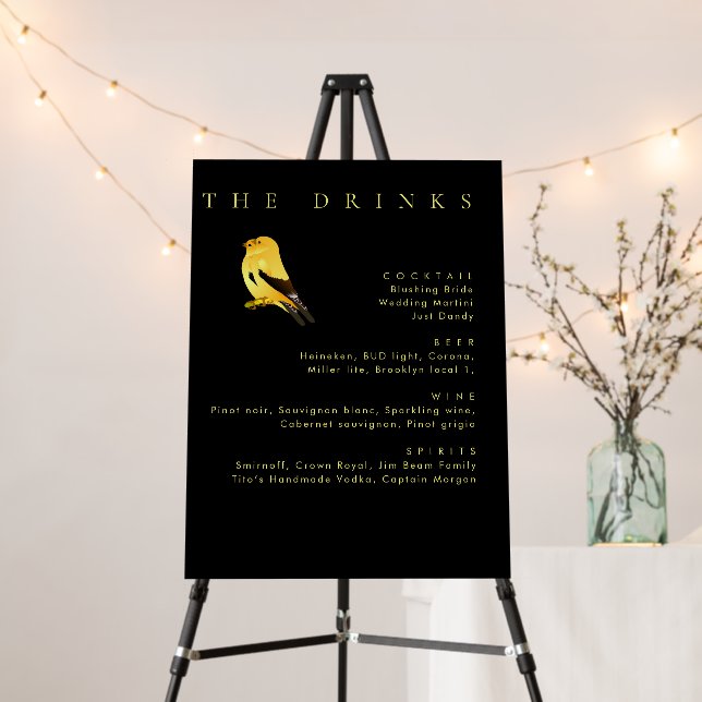 Black With Gold Birds Wedding Bar Drinks  Foam Board (In Situ (Stand))