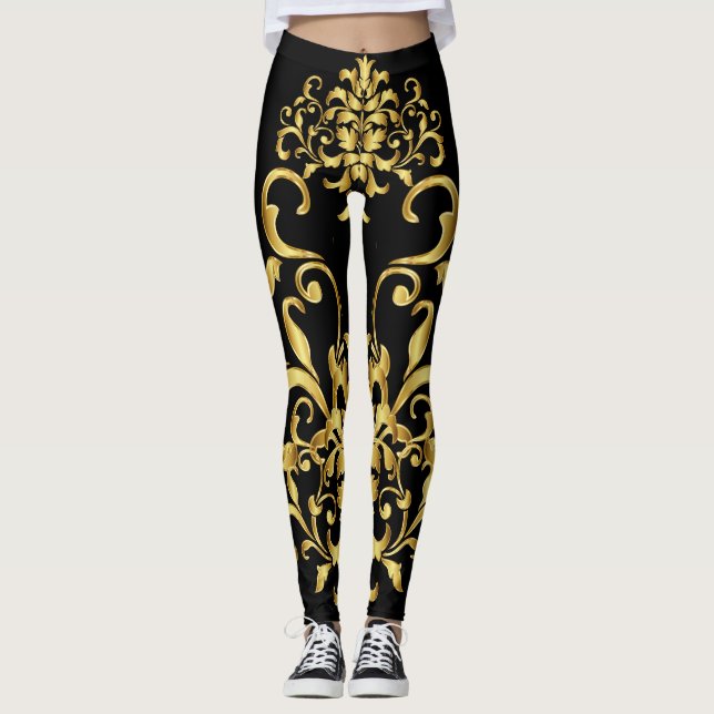 Black with Gold Damask Pattern Detailing Athletic Leggings (Front)