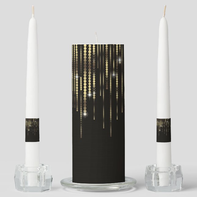 Black with Gold Disc Strands Metallic Sparkle Unity Candle Set (Front)