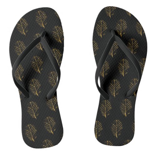 Black with Gold Fern Leaf Flip Flops