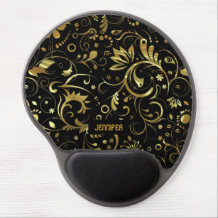 Black With Gold Floral Fabric Pattern Gel Mouse Pad