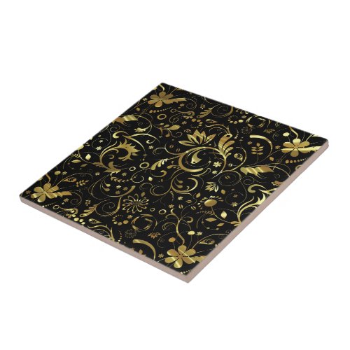 Black With Gold Floral Fabric Pattern Tile