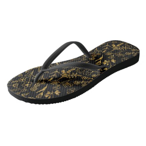 Black with Gold Floral Flip Flops