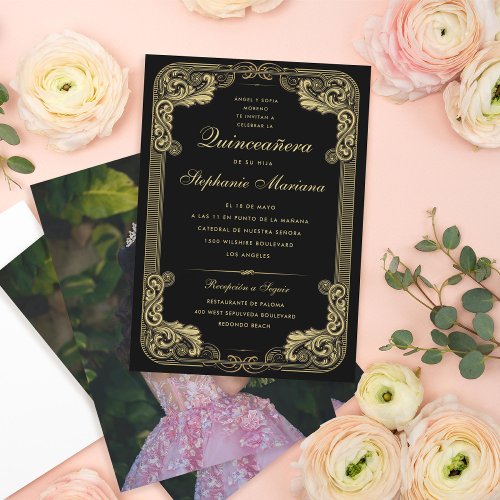 Black with Gold Frame Quinceaera Photo Invitation