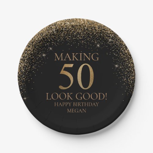 Black With Gold Glitter 50th Birthday Party Paper Plates
