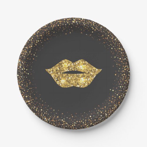 Black with Gold Glitter and Gold Lips Paper Plates