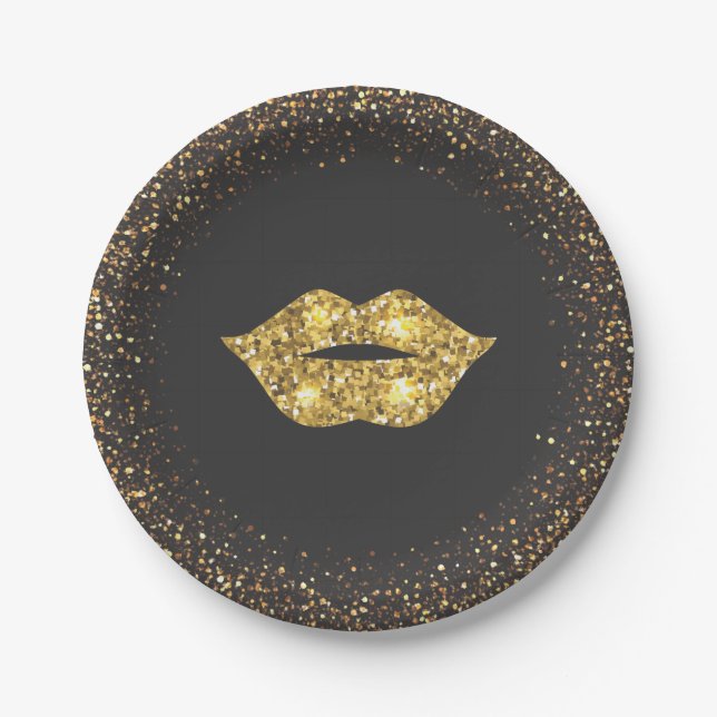 Black with Gold Glitter and Gold Lips Paper Plates (Front)