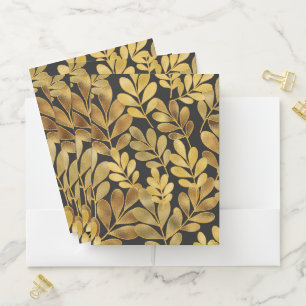 BLACK WITH GOLD GLITTER LOOK LEAVES POCKET FOLDER