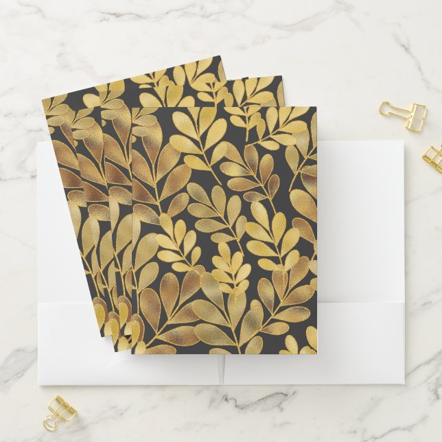 BLACK WITH GOLD GLITTER LOOK LEAVES POCKET FOLDER (In Situ)