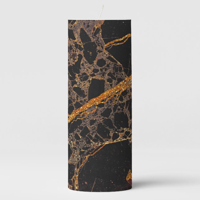 Black With Gold Glitter Marbling  Pillar Candle (Front)