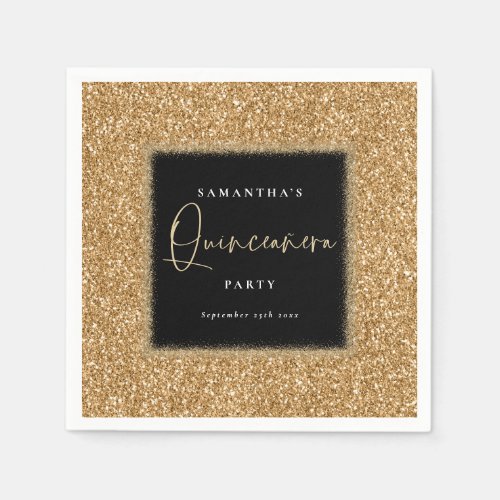 Black with Gold Glitter Name Quinceaera Party Napkins