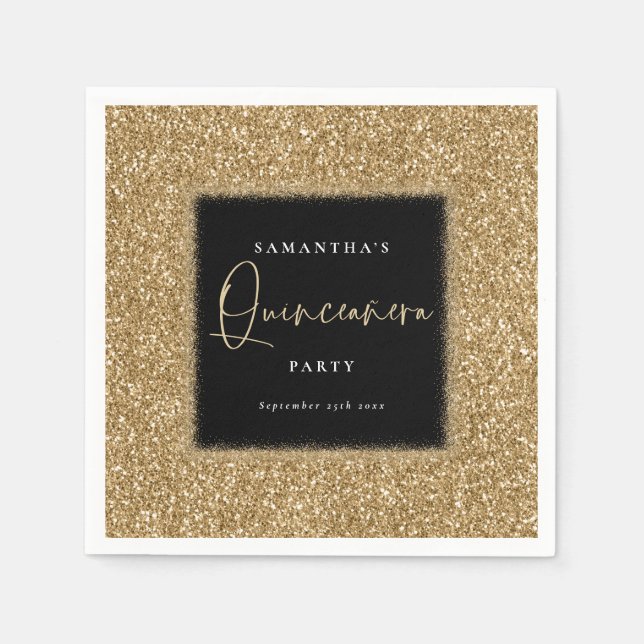 Black with Gold Glitter Name Quinceañera Party Napkins (Front)