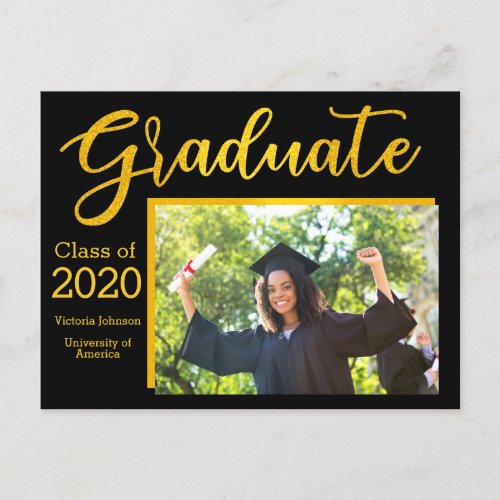 Black with Gold Glitter Script Photo Graduation Announcement Postcard