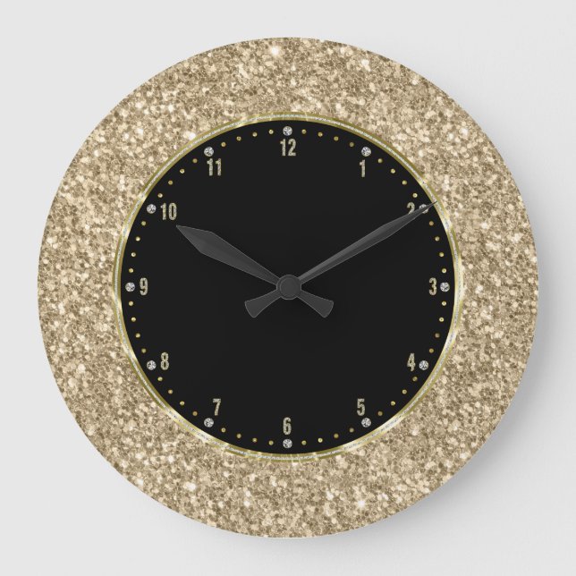 Black With Gold Glitter Texture Print Large Clock (Front)