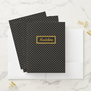 Black with Gold Hearts and Gold Glitter Name Panel Pocket Folder