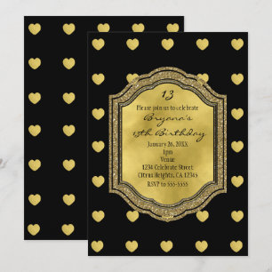 Black with Gold Hearts Birthday Party Invitations