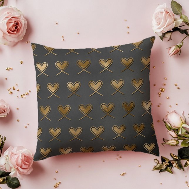Black with Gold Hearts Throw Pillow (Creator Uploaded)