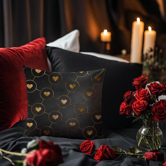 Black with Gold Hearts Throw Pillow (Creator Uploaded)